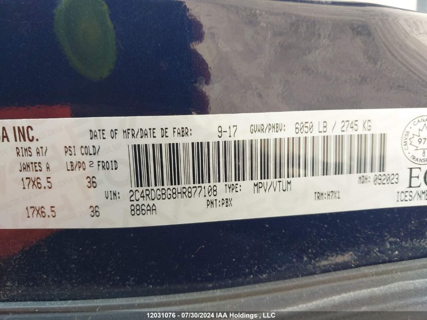 2017 Dodge Grand Caravan VIN: 2C4RDGBG8HR877108 Lot: 12031076