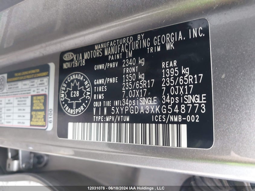 2019 Kia Sorento VIN: 5XYPGDA3XKG548773 Lot: 12031078