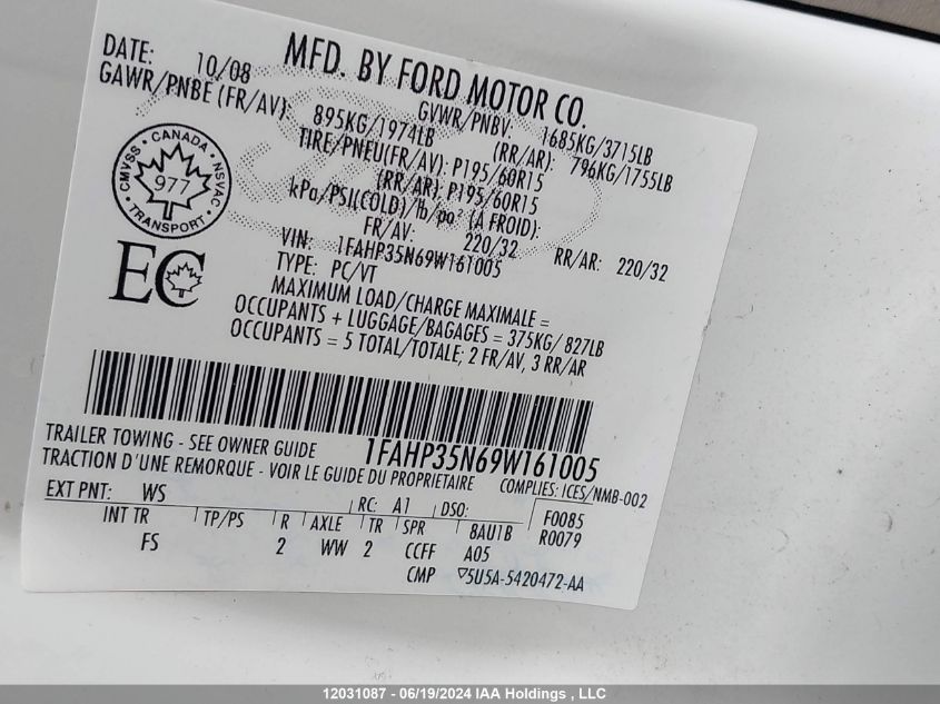 2009 Ford Focus Se VIN: 1FAHP35N69W161005 Lot: 12031087