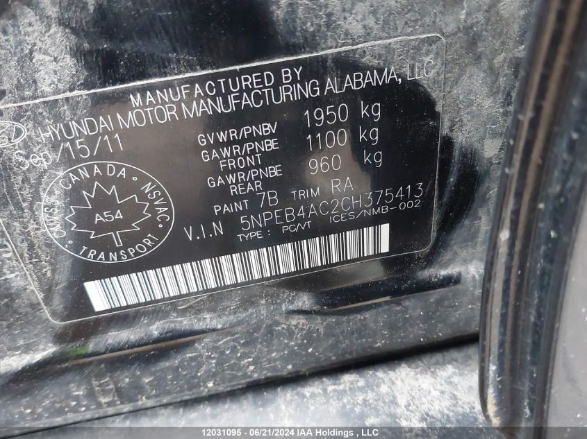 2012 Hyundai Sonata Gl VIN: 5NPEB4AC2CH375413 Lot: 12031095