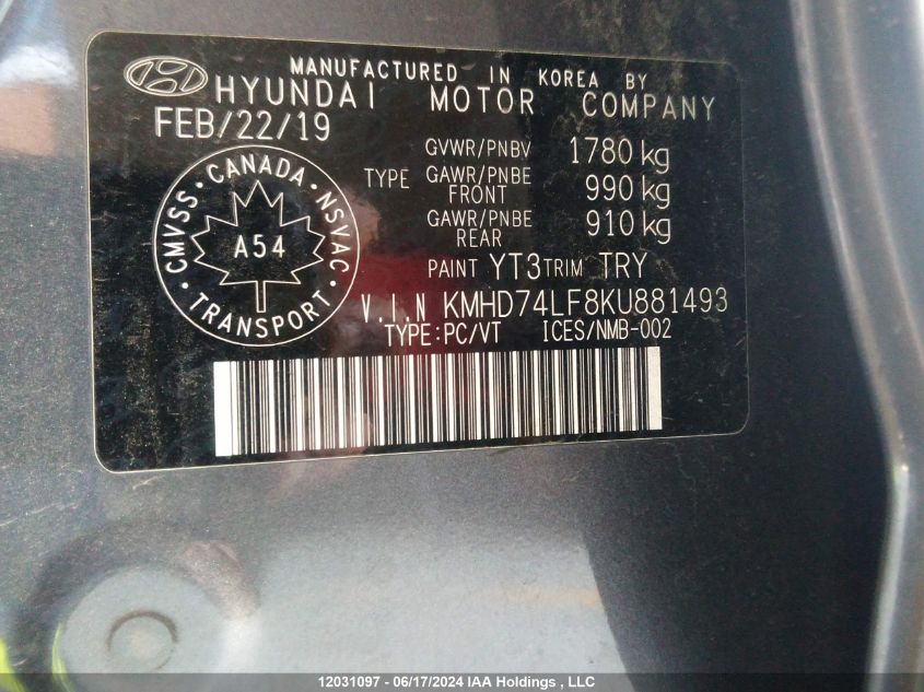 2019 Hyundai Elantra VIN: KMHD74LF8KU881493 Lot: 12031097