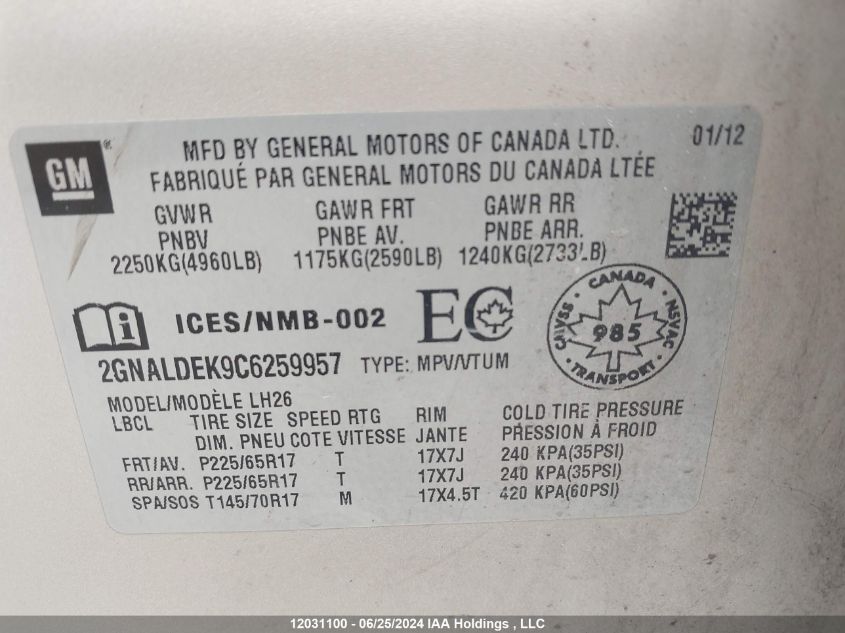 2012 Chevrolet Equinox VIN: 2GNALDEK9C6259957 Lot: 12031100