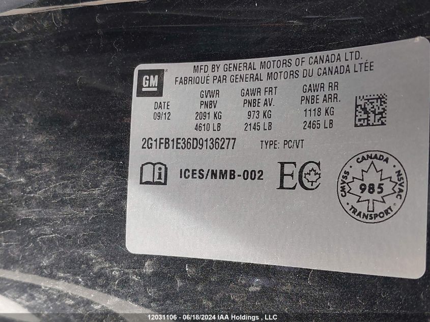 2013 Chevrolet Camaro VIN: 2G1FB1E36D9136277 Lot: 12031106