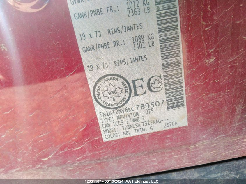 2019 Nissan Rogue VIN: 5N1AT2MV6KC789507 Lot: 12031107