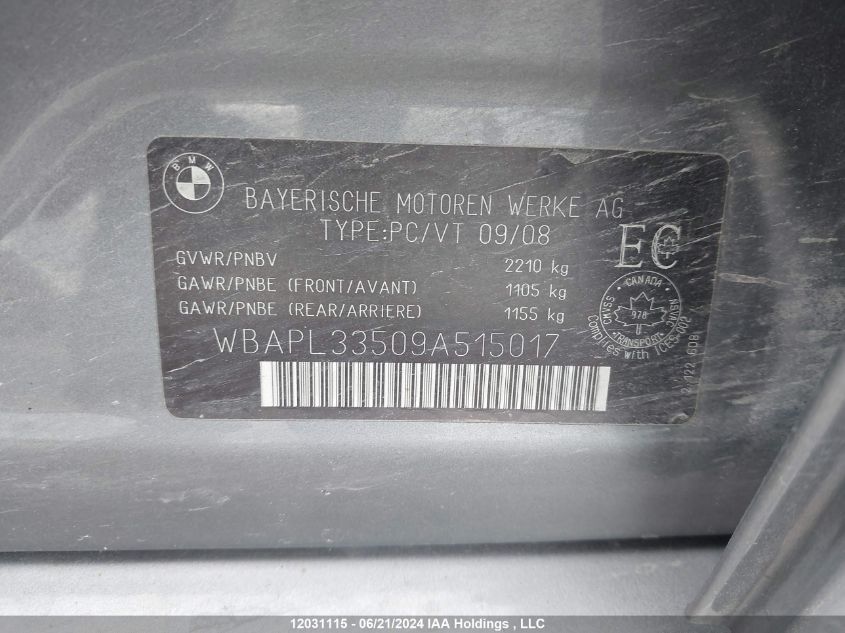 2009 BMW 3 Series VIN: WBAPL33509A515017 Lot: 12031115