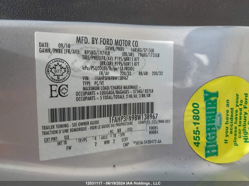 2011 Ford Focus Se VIN: 1FAHP3FN9BW138967 Lot: 12031117