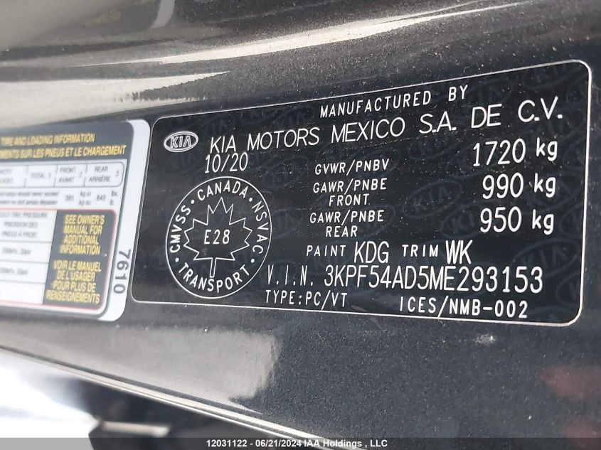 2021 Kia Forte VIN: 3KPF54AD5ME293153 Lot: 12031122