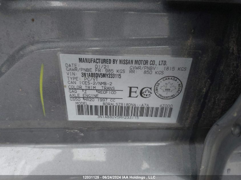 2021 Nissan Sentra VIN: 3N1AB8DV5MY233115 Lot: 12031125