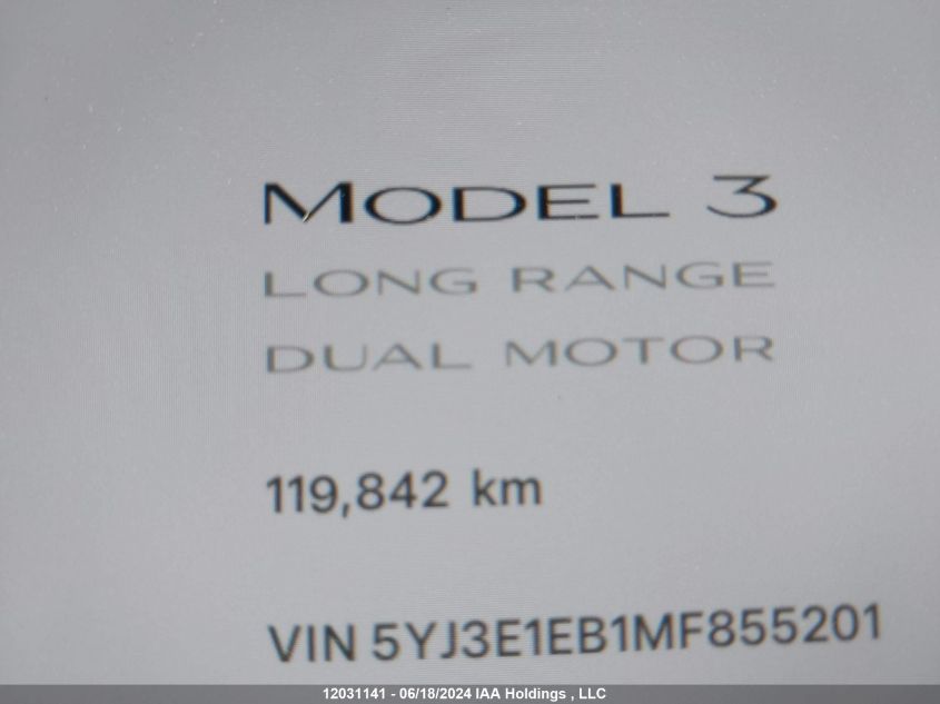 2021 Tesla Model 3 VIN: 5YJ3E1EB1MF855201 Lot: 12031141