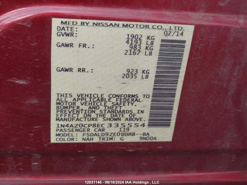 2014 Nissan Leaf S/Sv/Sl VIN: 1N4AZ0CP8EC335554 Lot: 12031145