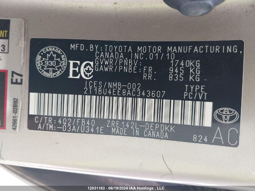 2010 Toyota Corolla Le VIN: 2T1BU4EE8AC343607 Lot: 12031163