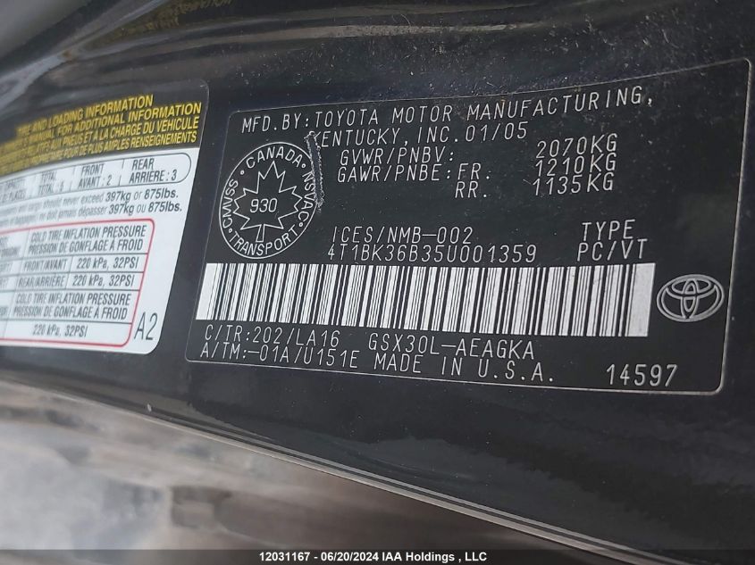 2005 Toyota Avalon Xl/Xls/Touring/Limited VIN: 4T1BK36B35U001359 Lot: 12031167