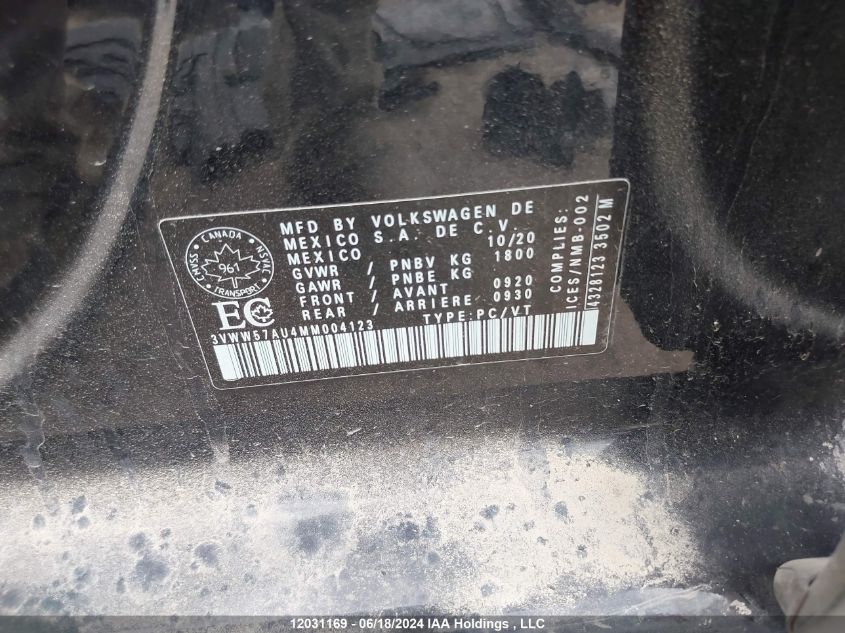 2021 Volkswagen Golf VIN: 3VWW57AU4MM004123 Lot: 12031169