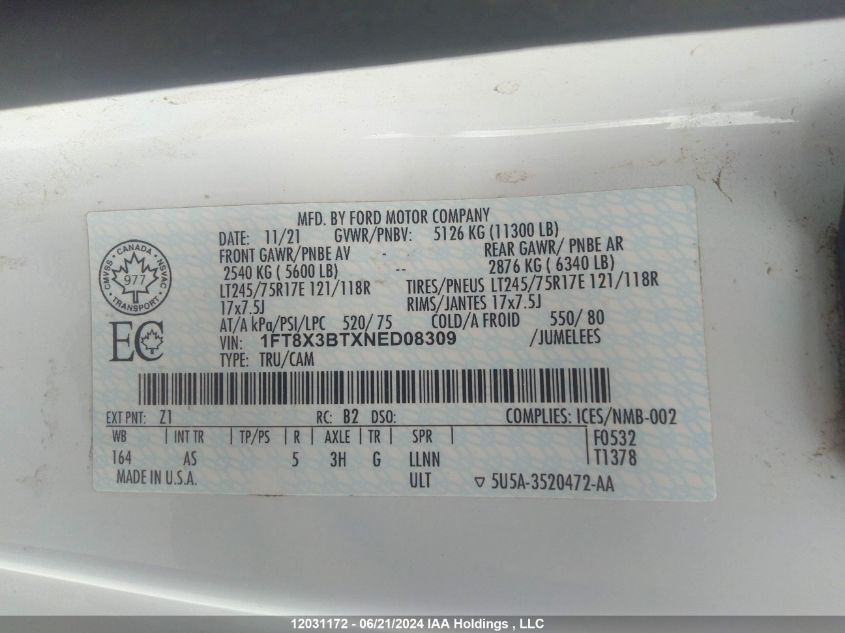 2022 Ford F350 Super Duty VIN: 1FT8X3BTXNED08309 Lot: 12031172