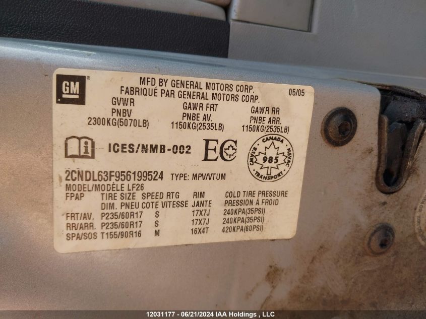 2005 Chevrolet Equinox VIN: 2CNDL63F956199524 Lot: 12031177