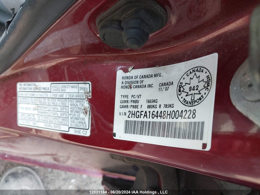 2008 Honda Civic Sdn VIN: 2HGFA16448H004228 Lot: 12031184