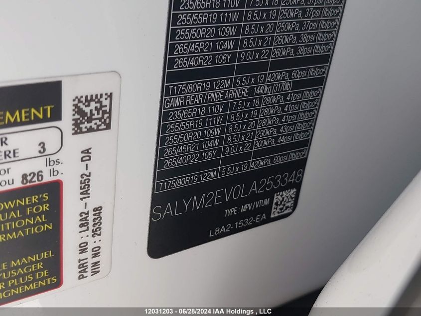 2020 Land Rover Range Rover Velar VIN: SALYM2EV0LA253348 Lot: 12031203