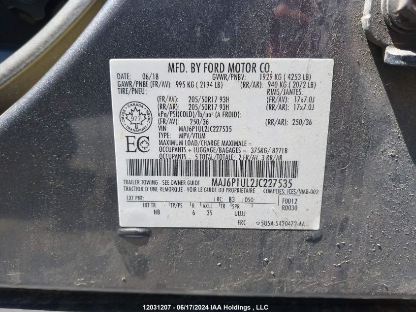 2018 Ford Ecosport Se VIN: MAJ6P1UL2JC227535 Lot: 12031207