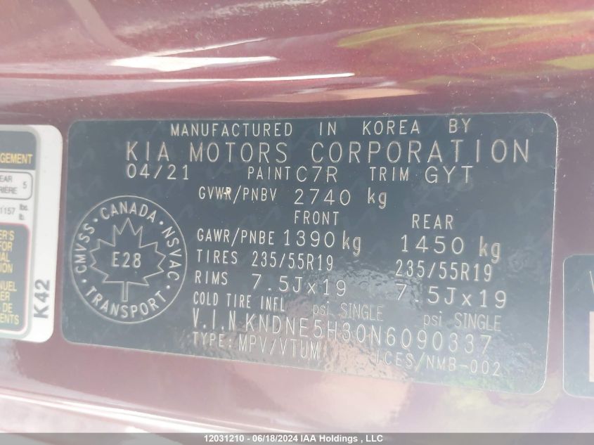 2022 Kia A3 VIN: KNDNE5H30N6090337 Lot: 12031210