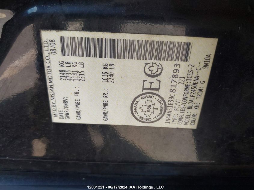 2009 Nissan Maxima 3.5 S VIN: 1N4AA51E39C817893 Lot: 12031221