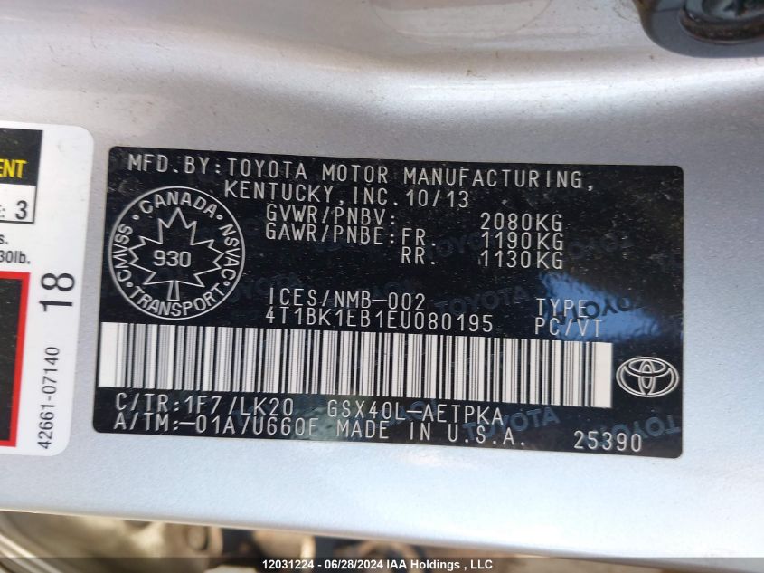 2014 Toyota Avalon Premium/Touring/Limited VIN: 4T1BK1EB1EU080195 Lot: 12031224