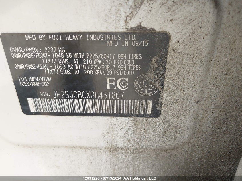 2016 Subaru Forester VIN: JF2SJCBCXGH451867 Lot: 12031226