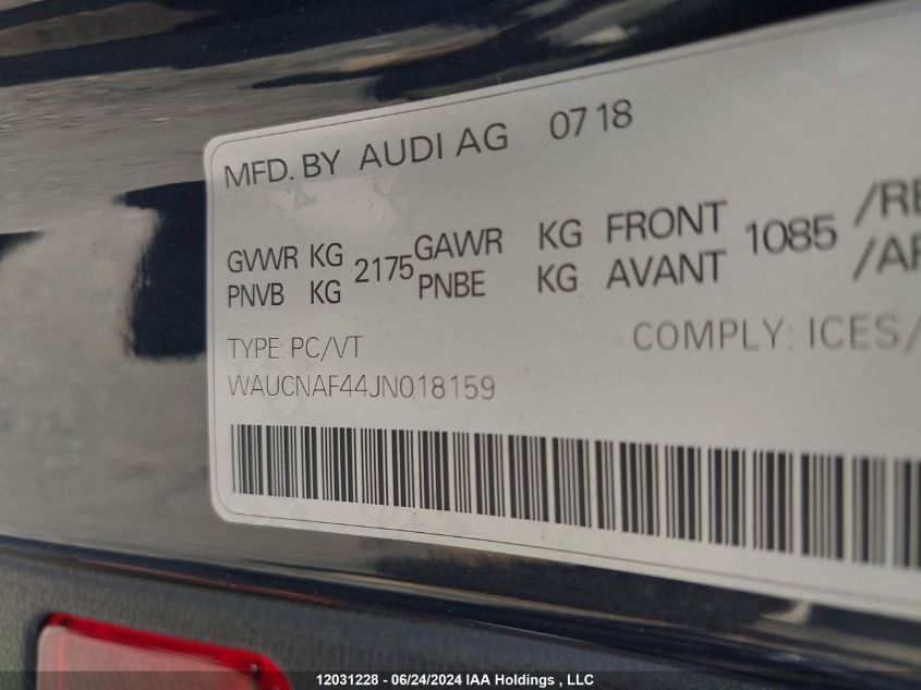 2018 Audi A4 Sedan VIN: WAUCNAF44JN018159 Lot: 12031228
