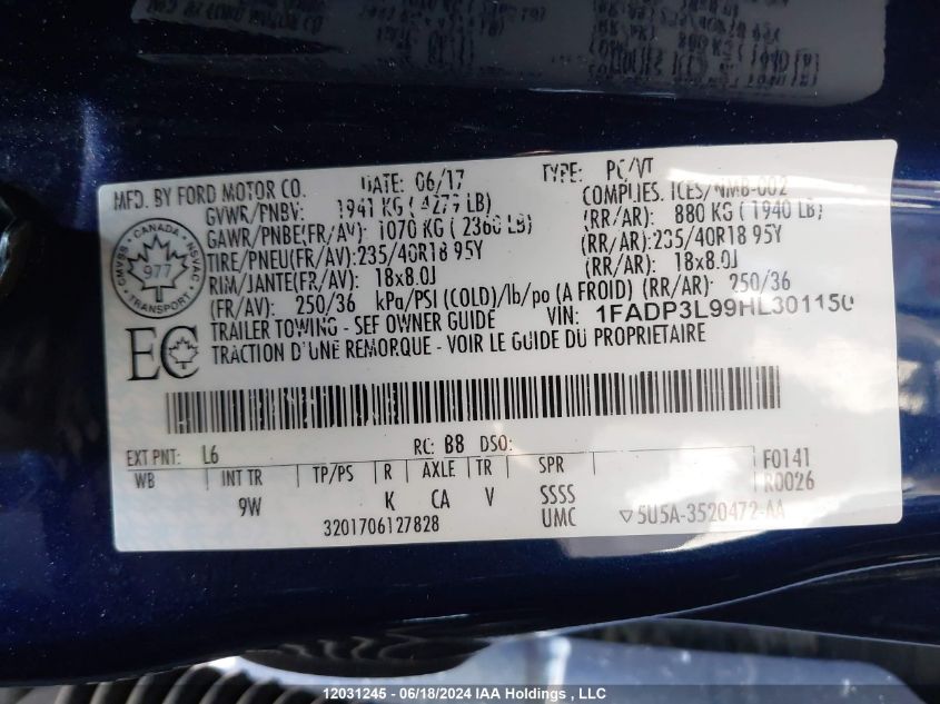 2017 Ford Focus St St VIN: 1FADP3L99HL301150 Lot: 12031245