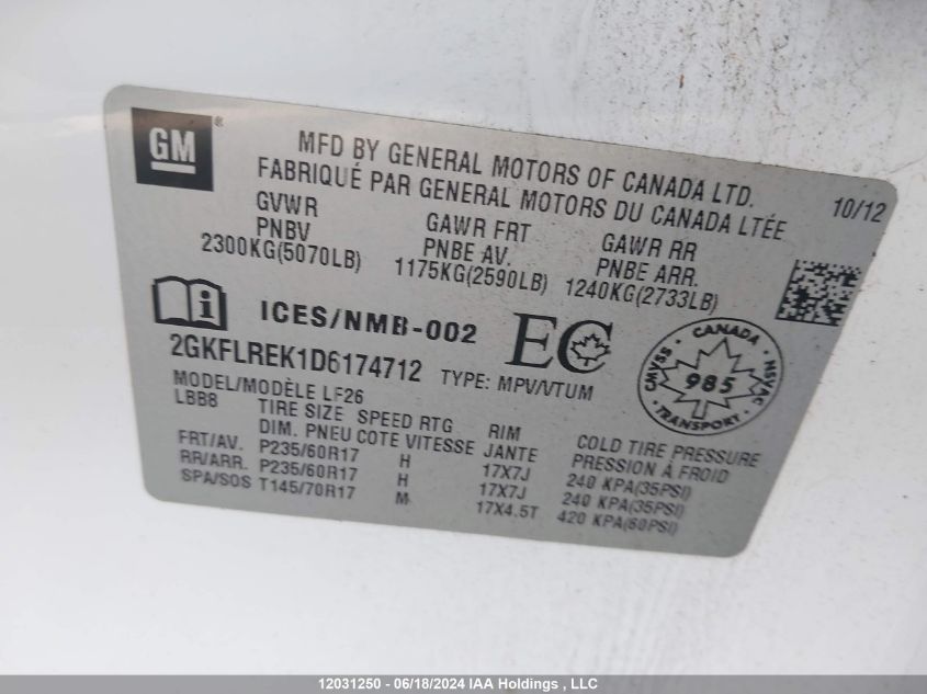 2013 GMC Terrain VIN: 2GKFLREK1D6174712 Lot: 12031250