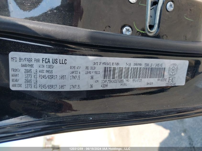 2019 Jeep Cherokee Trailhawk VIN: 1C4PJMBN1KD276999 Lot: 12031259