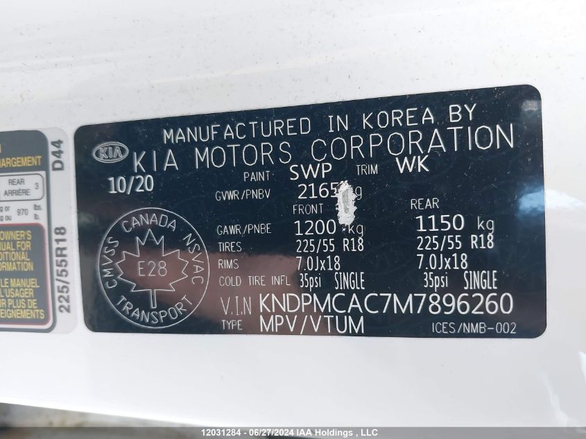 2021 Kia Sportage VIN: KNDPMCAC7M7896260 Lot: 12031284