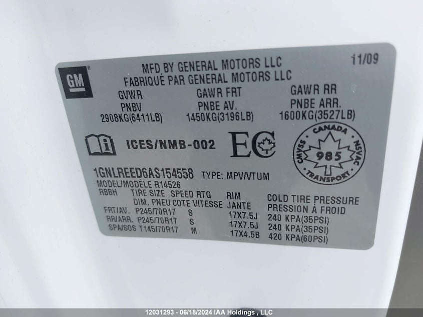 2010 Chevrolet Traverse Ls VIN: 1GNLREED6AS154558 Lot: 12031293