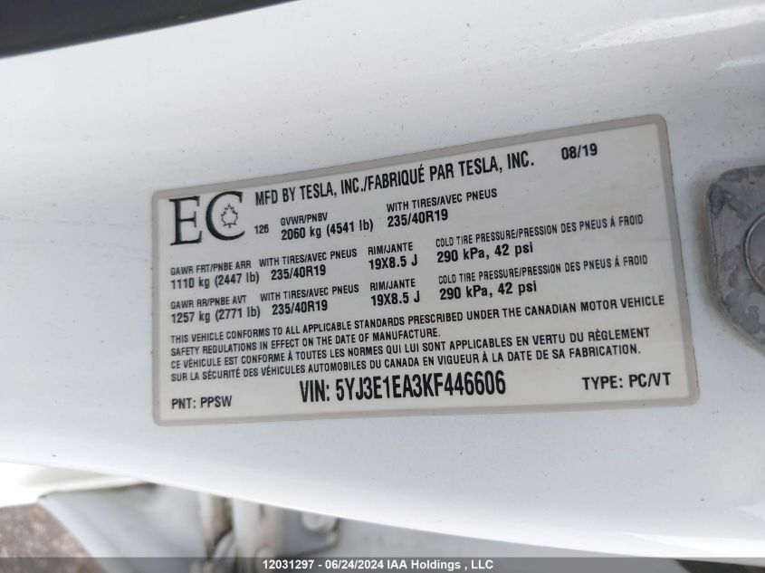 2019 Tesla Model 3 VIN: 5YJ3E1EA3KF446606 Lot: 12031297