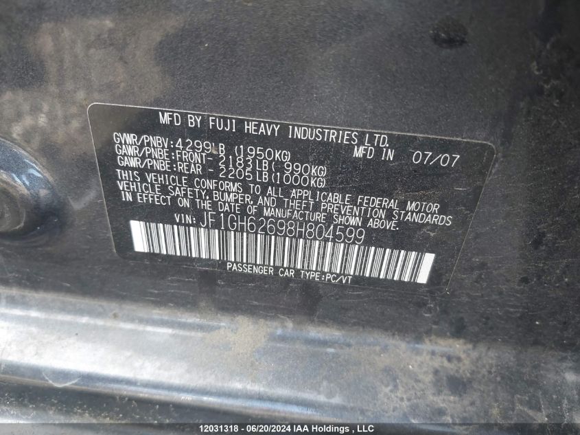 2008 Subaru Impreza VIN: JF1GH62698H804599 Lot: 12031318