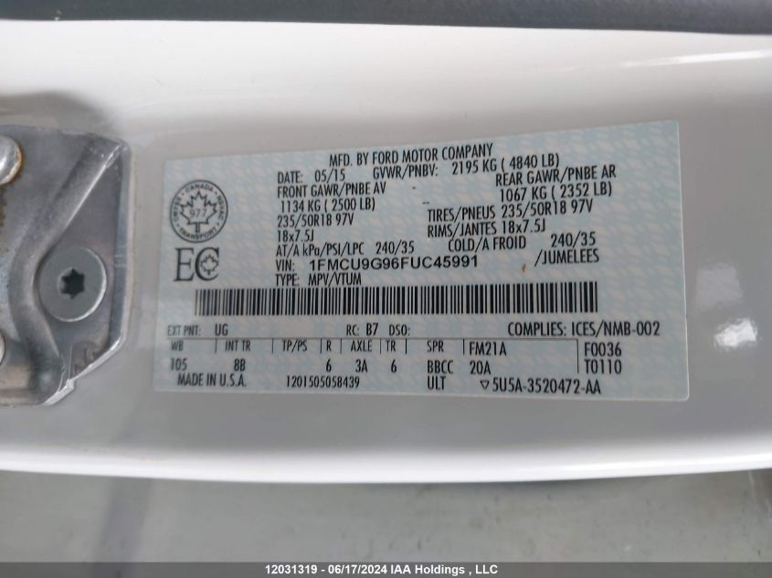 2015 Ford Escape Se VIN: 1FMCU9G96FUC45991 Lot: 12031319