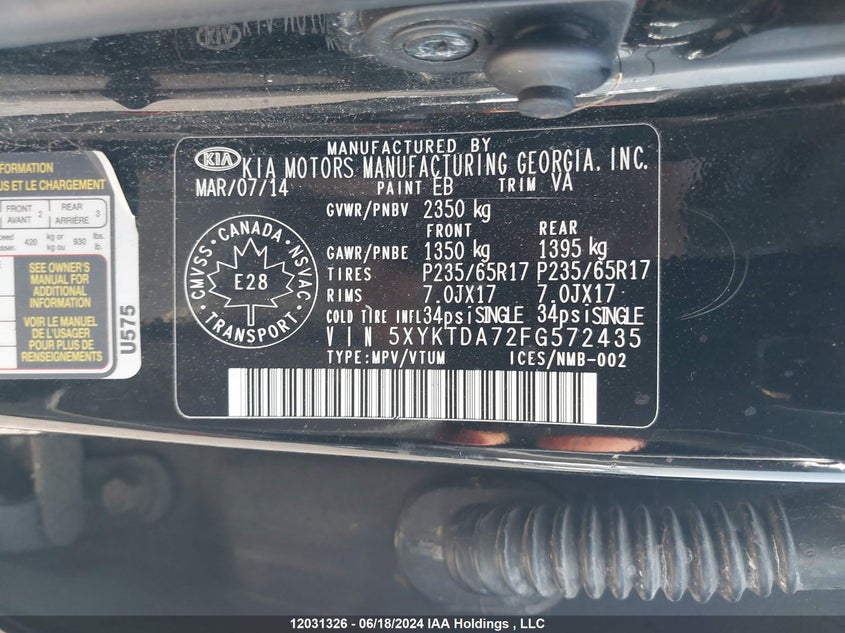 2015 Kia Sorento VIN: 5XYKTDA72FG572435 Lot: 12031326