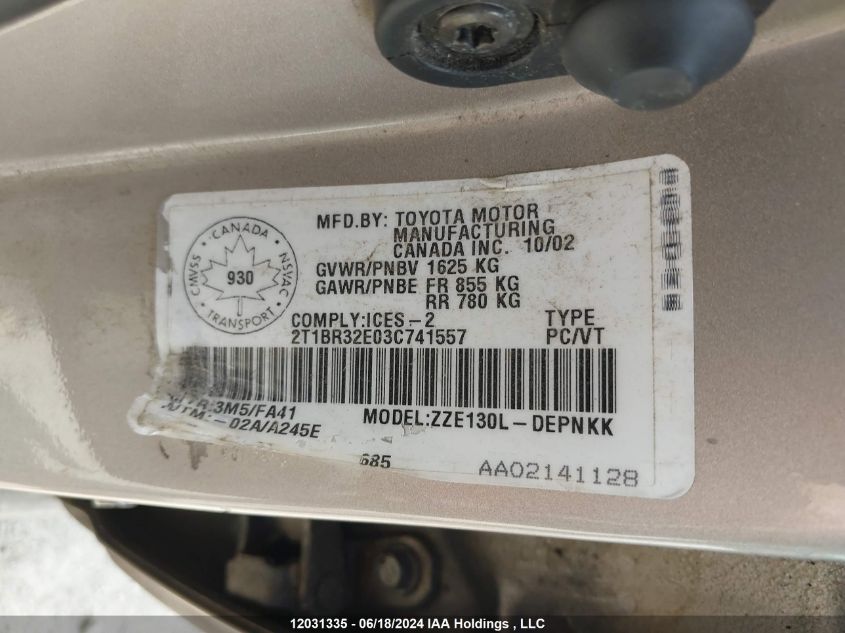 2003 Toyota Corolla Ce/Le/Sport VIN: 2T1BR32E03C741557 Lot: 12031335