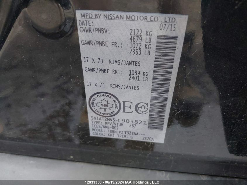 2015 Nissan Rogue VIN: 5N1AT2MV5FC905821 Lot: 12031350