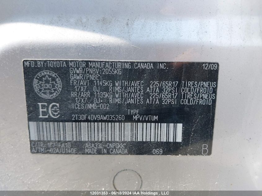 2010 Toyota Rav4 Limited VIN: 2T3DF4DV9AW035260 Lot: 12031353