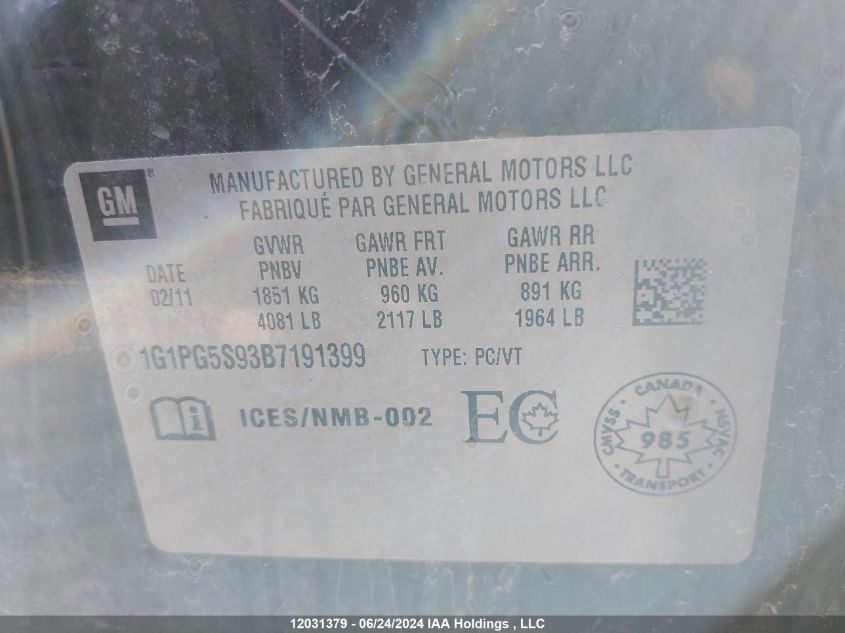 2011 Chevrolet Cruze VIN: 1G1PG5S93B7191399 Lot: 12031379