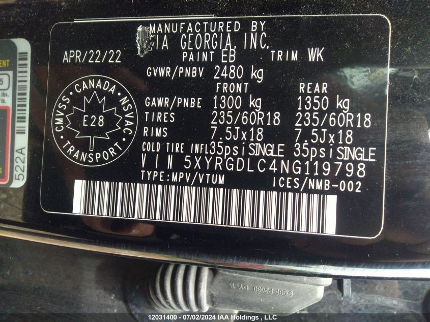 2022 Kia Sorento VIN: 5XYRGDLC4NG119798 Lot: 12031400