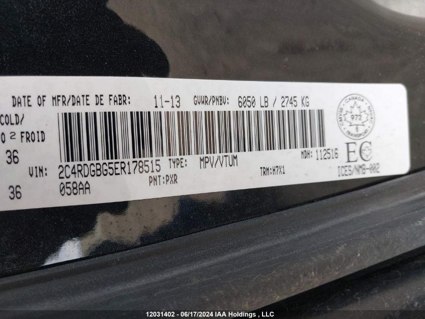 2014 Dodge Grand Caravan Se/Sxt VIN: 2C4RDGBG5ER178515 Lot: 12031402