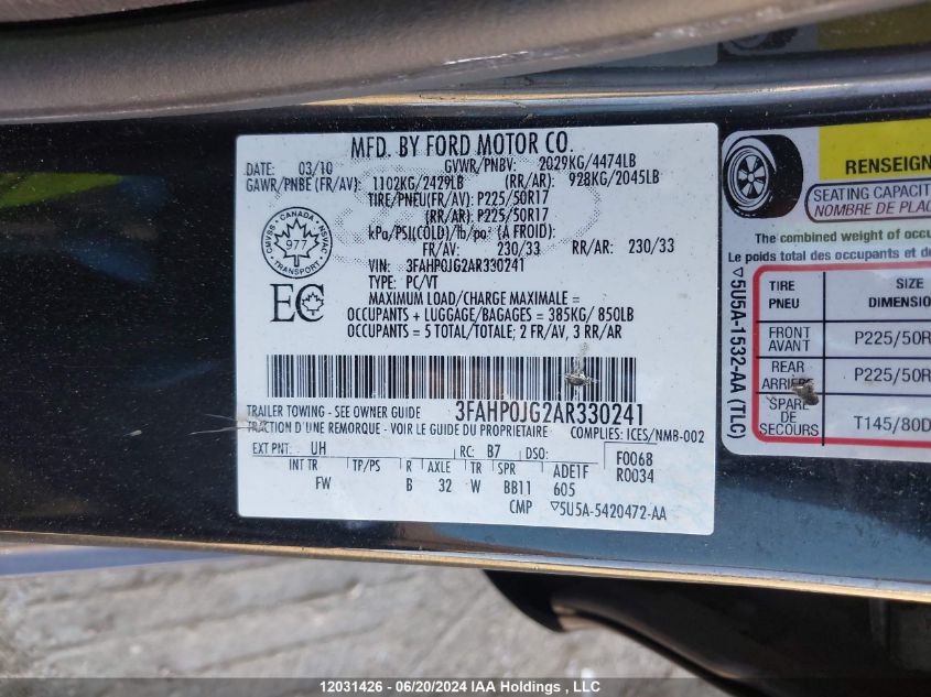 2010 Ford Fusion VIN: 3FAHP0JG2AR330241 Lot: 12031426