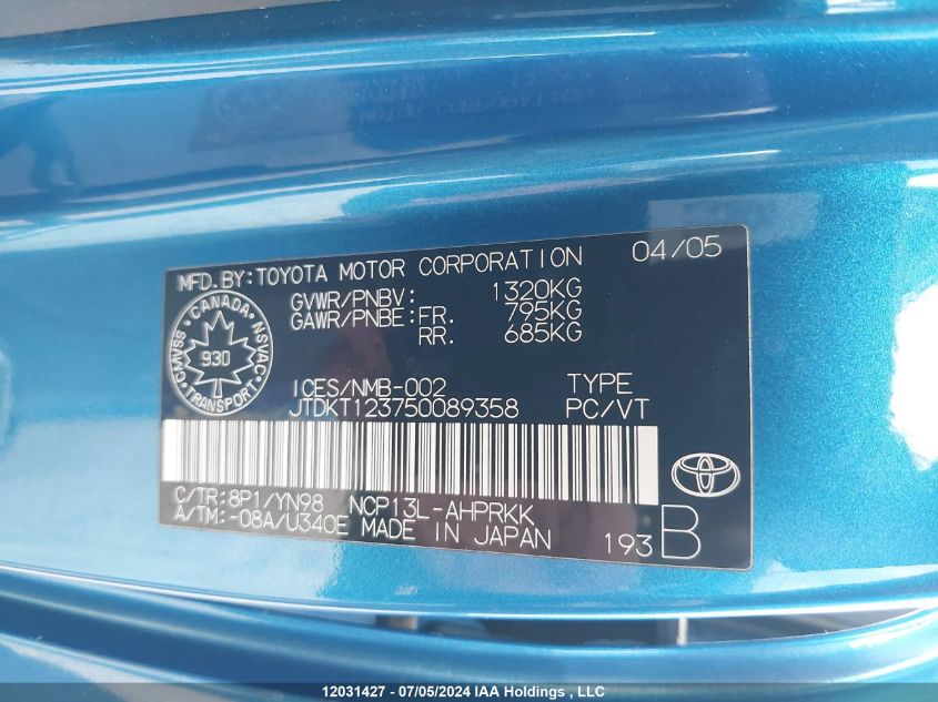 2005 Toyota Echo VIN: JTDKT123750089358 Lot: 12031427