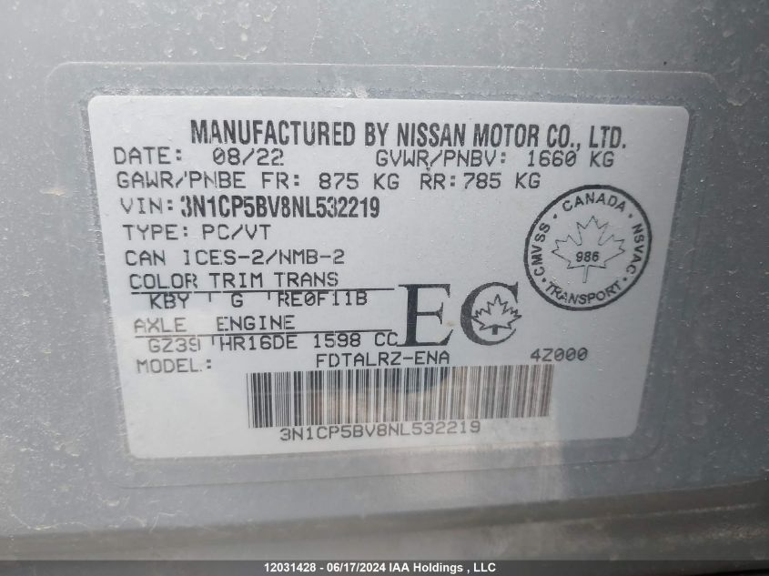 2022 Nissan Kicks VIN: 3N1CP5BV8NL532219 Lot: 12031428