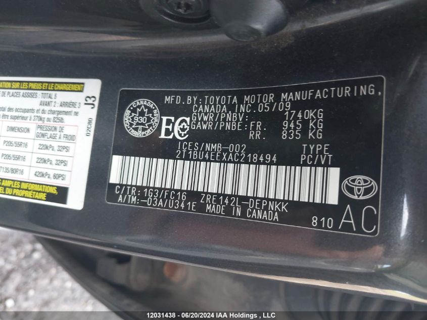 2010 Toyota Corolla Le VIN: 2T1BU4EEXAC218494 Lot: 12031438