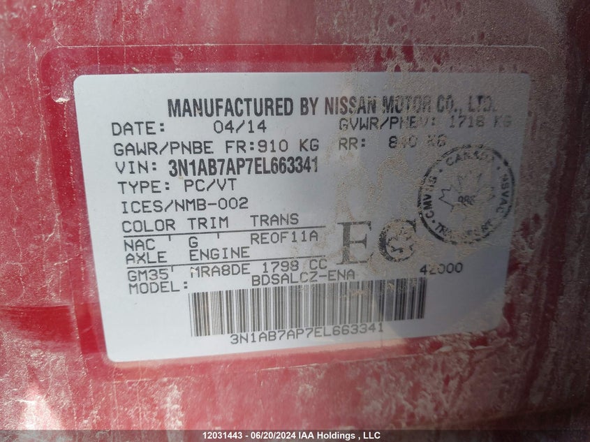 2014 Nissan Sentra VIN: 3N1AB7AP7EL663341 Lot: 12031443