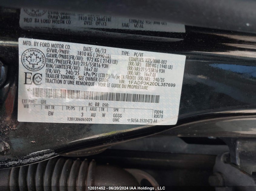 2013 Ford Focus Se VIN: 1FADP3K20DL357699 Lot: 12031452