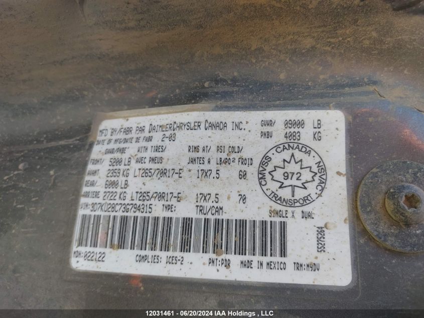 2003 Dodge Ram 2500 VIN: 3D7KU28C73G794315 Lot: 12031461