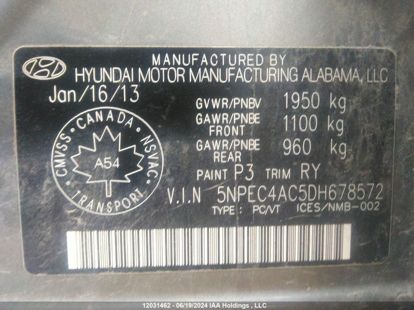 2013 Hyundai Sonata Se/Limited VIN: 5NPEC4AC5DH678572 Lot: 12031462